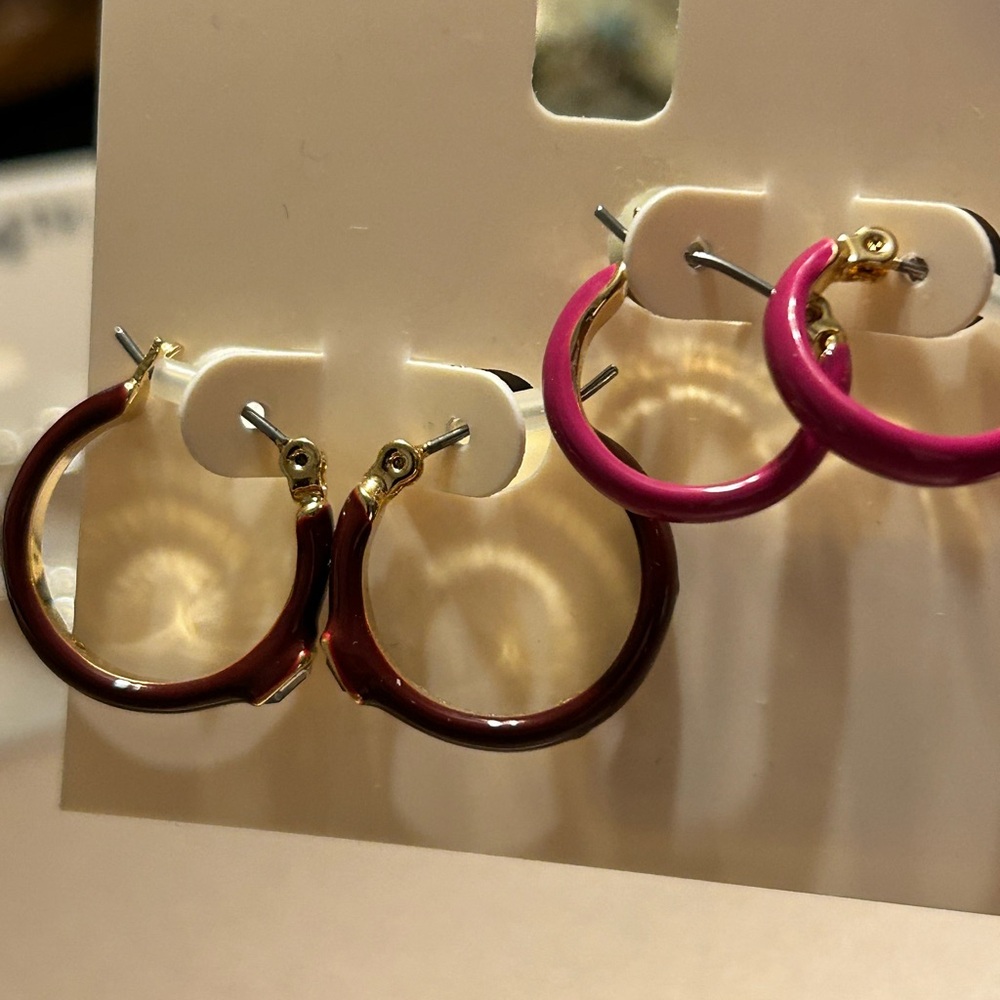 Pink and Burgundy and Gold Enamled Medium Hoop Earrings with Hinged Closure